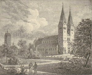 Paderborn - Addinghofkirche (um 1872) Abdinghofkirche in Paderborn um 1872 (aus: Werner Schuch - Das malerische und romantische Westphalen. UB Paderborn, gemeinfrei, https://commons.wikimedia.org/w/index.php?curid=23910 351). – Frantz* Anton Hungerge (1734 – 1814) arbeitete hier 1753 im Alter von 19 Jahren als Koch. Sein Sohn Wilhelm war von 1789 bis 1790 Alumnus im 5 Minuten Fußweg entfernten Bischöflichen Priesterseminar (heute Kamp 6).