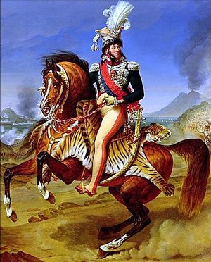 Joachim Murat (1767-1815) war Marschall von Frankreich und Schwager Kaiser Napoléons. Er nahm an den Kämpfen der Republik teil und befehligte die Kavallerie der Grande Armée. Nach der Völkerschlacht versuchte er das Königreich Neapel für sich zu retten trat auf alliierte Seite über.