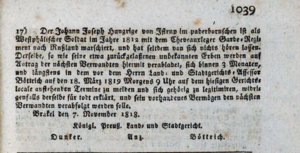 Aufruf im Paderbornschen Intelligenzblatt Nr. 102 vom 23. Dezember 1818: Suchaufruf für Johann Joseph Hungerige (1790-1822)