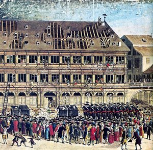 Sturm auf das Straßburger Rathaus am 22.07.1789 durch aufgebrachte Tagelöhner und Handwerker.