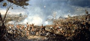 Die Schlacht bei Waterloo am 18.06.1815 von William Sadler (1782-1839) zeigt in seinem Gemälde eine Schlachtszene.