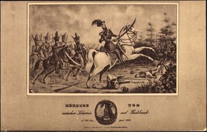 Der Heldentod Karl Theodor Körners am 26.08.1813 Postkarte: Heldentod Karl Theodor Körners am 26.08.1813 im Wald bei Gadebusch aus dem Jahre 1913 auf einer Postkarte des frühen 20. Jahrhunderts