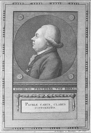 Siegmund von Bibra (1750-1803) war Theologe und leitete die weltliche Regierung im Bistum Fulda und übernahm für den Fürsten von Nassau-Oranien in diplomatischen Missionen unterwegs. Obwohl er Katholik war vertrat er in seinen Schriften die Ideen und I Siegmund von Bibra (1750-1803) war Theologe und leitete die weltliche Regierung im Bistum Fulda und übernahm für den Fürsten von Nassau-Oranien in diplomatischen Missionen unterwegs. Obwohl er Katholik war vertrat er in seinen Schriften die Ideen und I