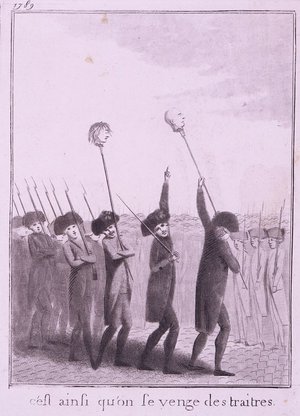 Nach der Erstürmung der Bastille und der Ermordung des Prévôt de marchands von Paris wurden die Köpfe von Flesseles und Launay auf Mistgabeln aufgespiest durch Pariser Straßen getragen.