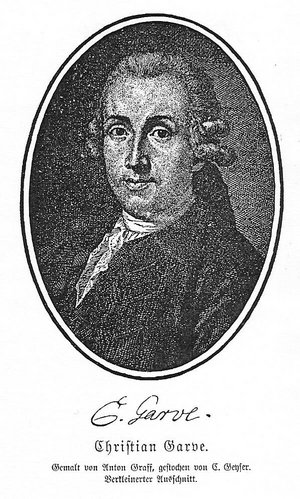 Christian Garve (1742-1798) war Philosoph, Schriftsteller und Übersetzer. Er geriet mit Immanuel Kant in eine hefitge wissenschaftliche Auseinandersetzung.