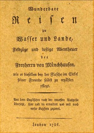 17850000 Münchhausen Cover der von Gottfried August Bürger im Jahre 1786 anonym veröffentlichten Erzählungen des Freiherrn von Münchhausen mit fingierten Druckort London.