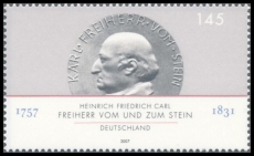 MiNr BRD 2624 250 Geburtstag von Karl Freiherr von und zum Stein 2007 Briefmarke »250. Geburtstag Karl Freiherr von und zum Stein« (MiNr. 2624) über 145 Cent aus dem Jahre 2007